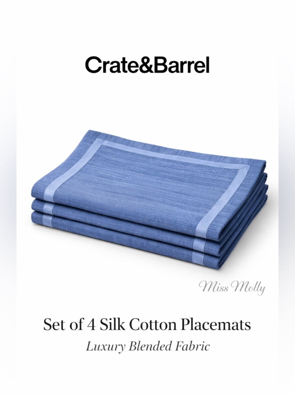 Crate & Barrel Valencia Blue Silk Cotton Placemats Set of 4 Table Decor